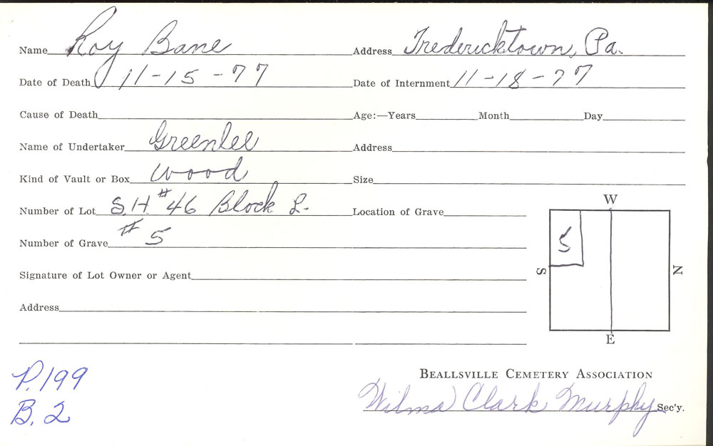 Roy Bane burial card